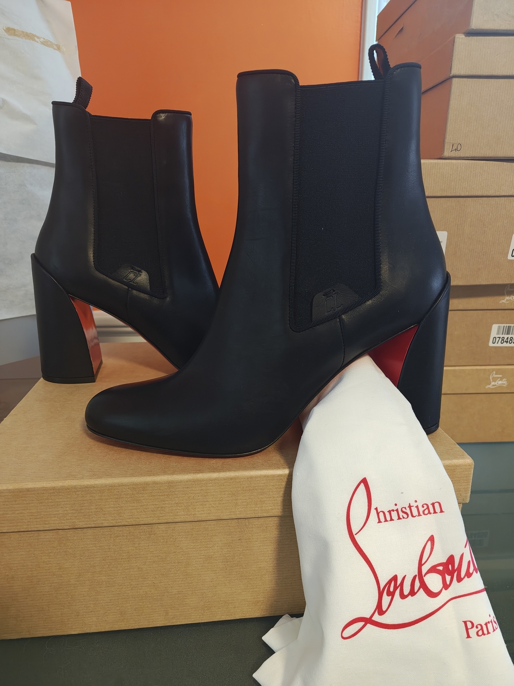 Christian Louboutin Black Leather Block Heel Chelsea Boot